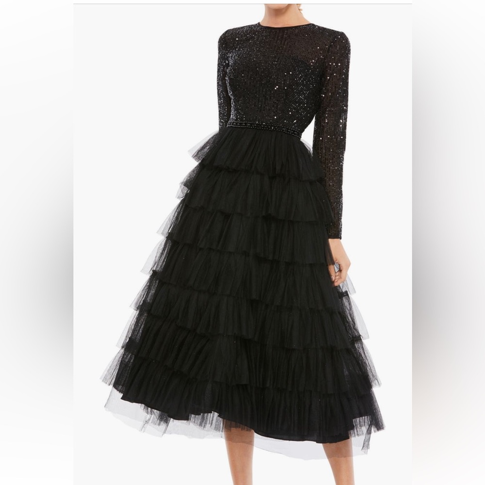 Mac Duggal Elegant Black Tiered Tulle Skirt Cocktail Dress